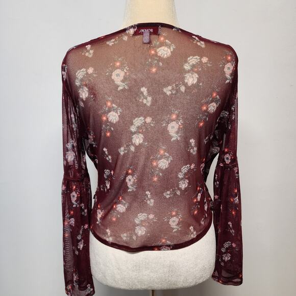 Bongo Mesh Flare Sleeve Blouse Top Size L Plum Wrap Front Boho Y2K Whimsigoth - Picture 3 of 12